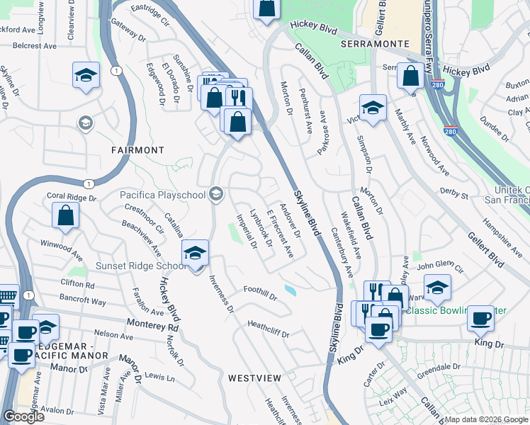 map of restaurants, bars, coffee shops, grocery stores, and more near 416 Lynbrook Drive in Pacifica