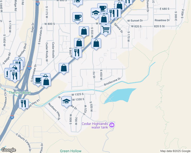 map of restaurants, bars, coffee shops, grocery stores, and more near 1221 Fir Street in Cedar City