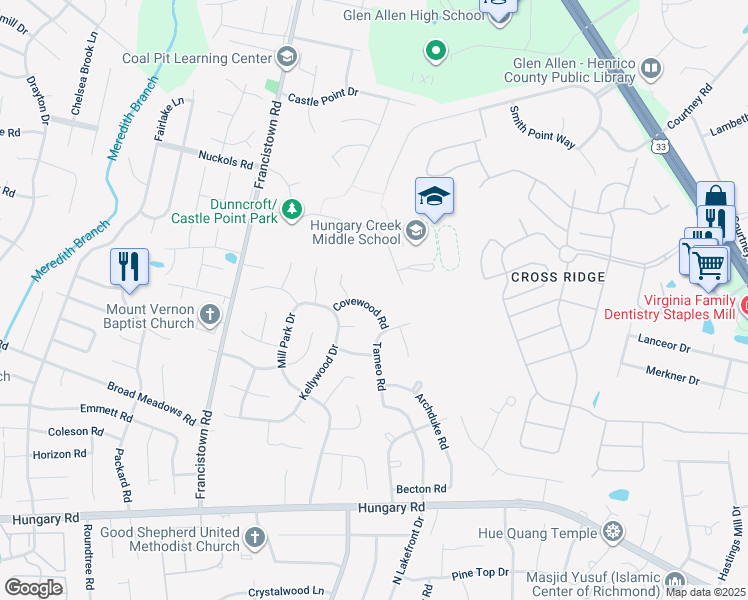 map of restaurants, bars, coffee shops, grocery stores, and more near 9010 Covewood Road in Glen Allen