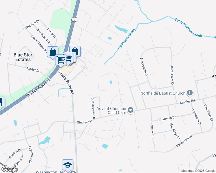 map of restaurants, bars, coffee shops, grocery stores, and more near 9212 Rodeo Drive in Mechanicsville
