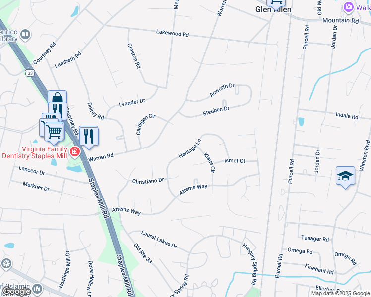map of restaurants, bars, coffee shops, grocery stores, and more near 10120 Heritage Lane in Glen Allen