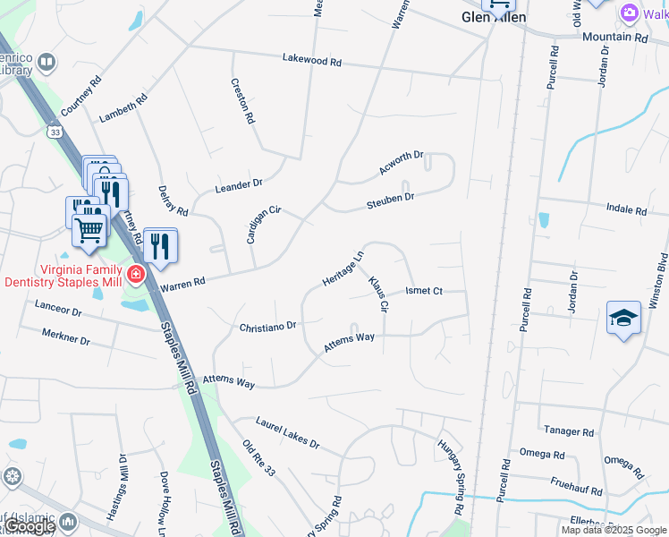 map of restaurants, bars, coffee shops, grocery stores, and more near 10120 Heritage Lane in Glen Allen