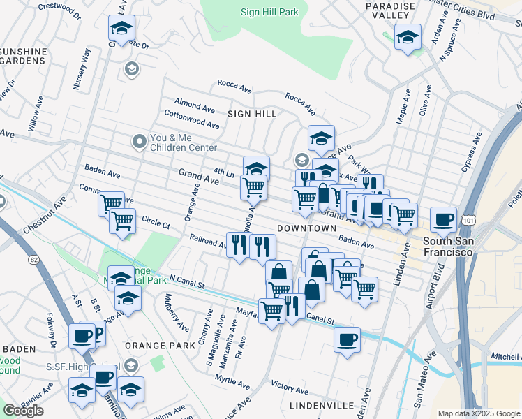 map of restaurants, bars, coffee shops, grocery stores, and more near 570 Baden Avenue in South San Francisco