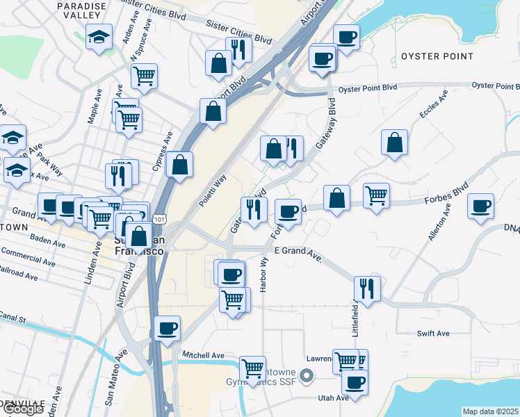 map of restaurants, bars, coffee shops, grocery stores, and more near 30C Corporate Drive in South San Francisco