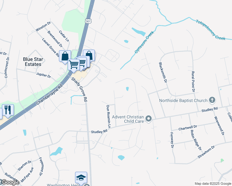map of restaurants, bars, coffee shops, grocery stores, and more near 9216 Rodeo Drive in Mechanicsville