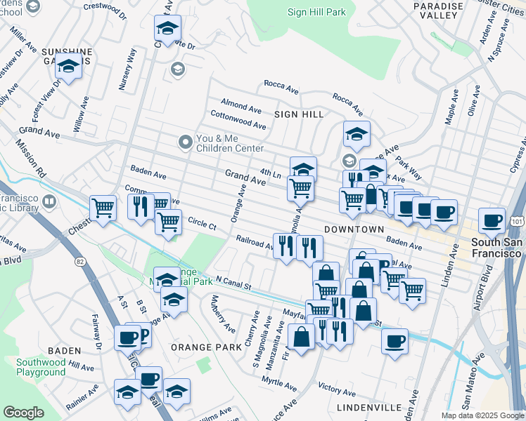 map of restaurants, bars, coffee shops, grocery stores, and more near 645 Baden Avenue in South San Francisco