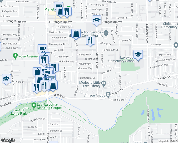 map of restaurants, bars, coffee shops, grocery stores, and more near 2517 Surrey Avenue in Modesto
