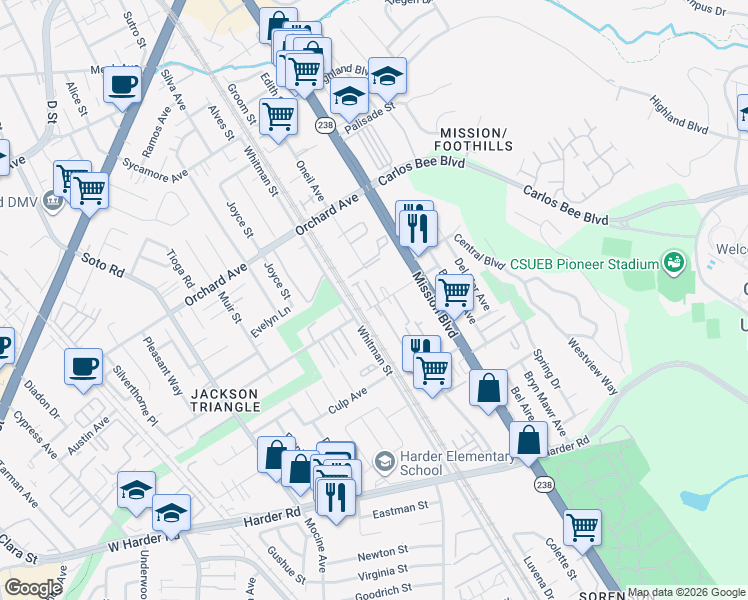 map of restaurants, bars, coffee shops, grocery stores, and more near 656 Berry Avenue in Hayward