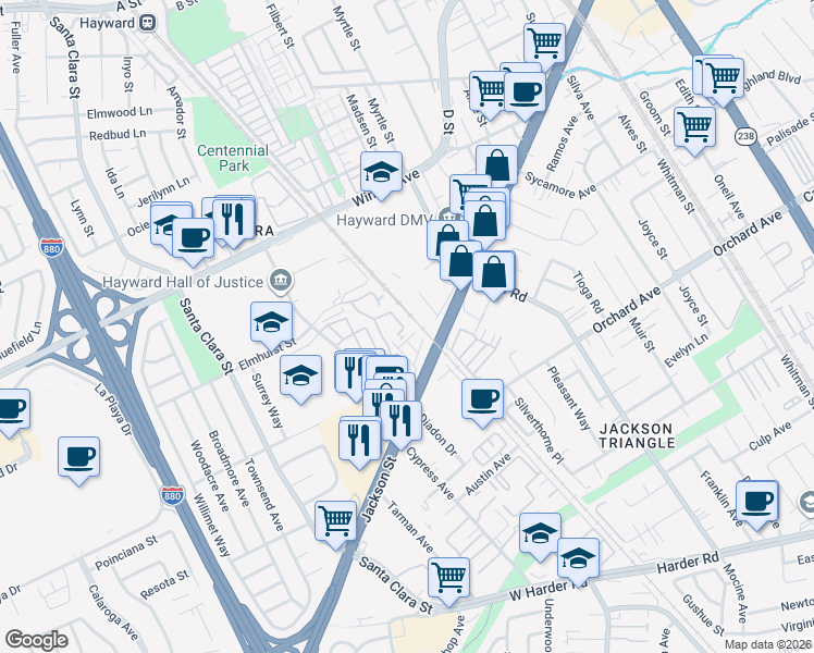 map of restaurants, bars, coffee shops, grocery stores, and more near 58 Trestle Drive in Hayward