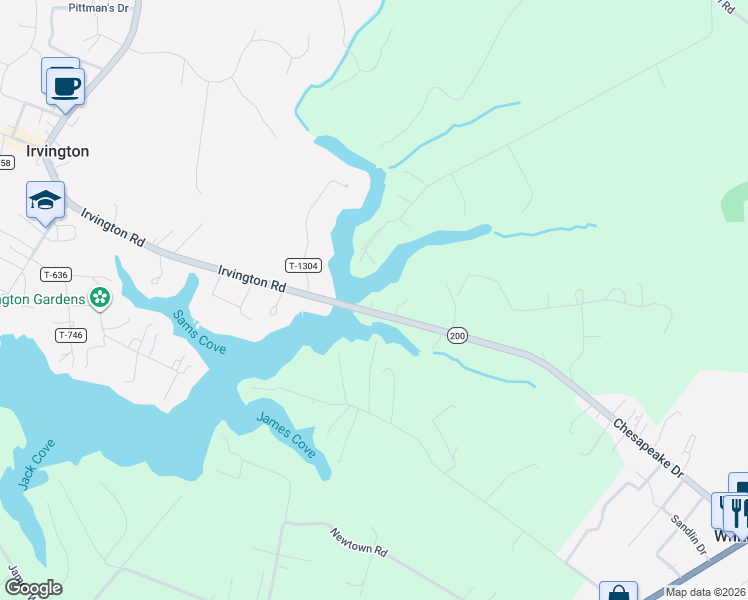 map of restaurants, bars, coffee shops, grocery stores, and more near 5318 Irvington Road in White Stone