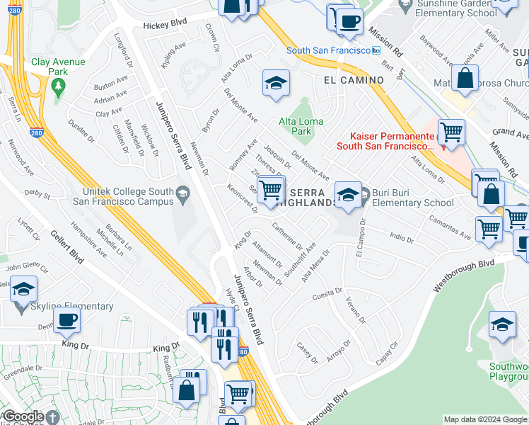 map of restaurants, bars, coffee shops, grocery stores, and more near 222 San Felipe Avenue in South San Francisco