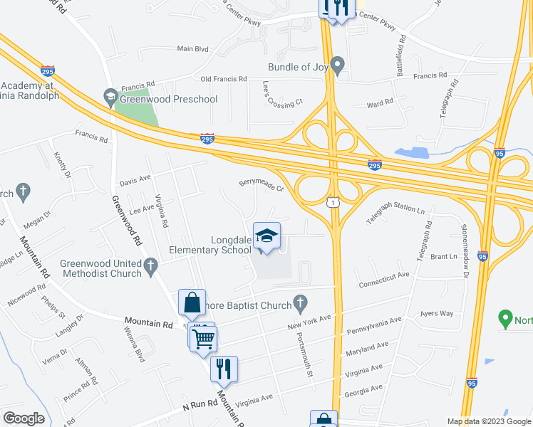map of restaurants, bars, coffee shops, grocery stores, and more near 10120 Berrymeade Hills Terrace in Glen Allen