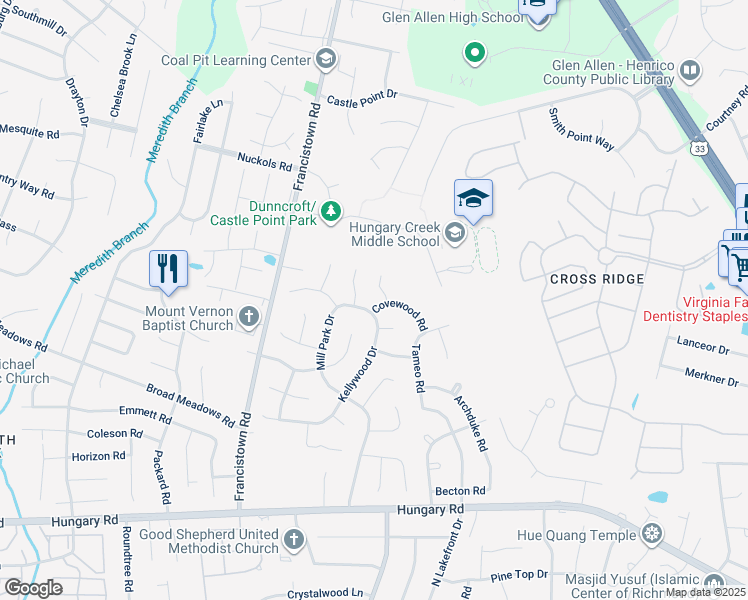 map of restaurants, bars, coffee shops, grocery stores, and more near 9022 Covewood Road in Glen Allen
