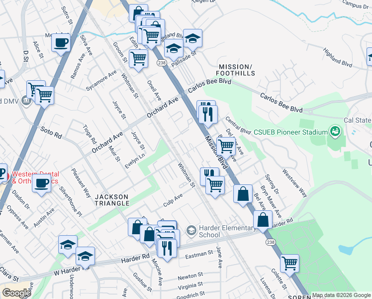 map of restaurants, bars, coffee shops, grocery stores, and more near 656 Berry Avenue in Hayward