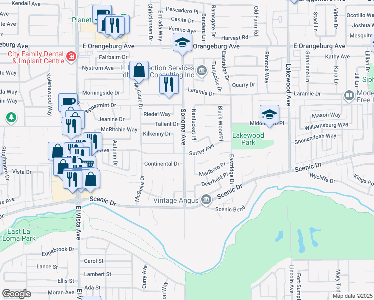 map of restaurants, bars, coffee shops, grocery stores, and more near 2601 Surrey Avenue in Modesto