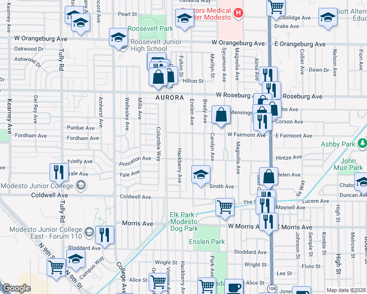 map of restaurants, bars, coffee shops, grocery stores, and more near 701 Griswold Avenue in Modesto