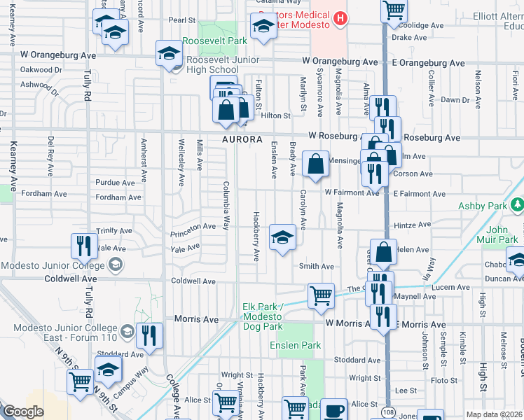 map of restaurants, bars, coffee shops, grocery stores, and more near 701 Griswold Avenue in Modesto