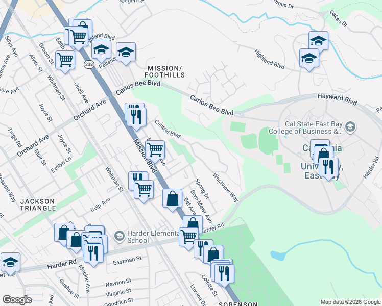 map of restaurants, bars, coffee shops, grocery stores, and more near Spring Drive in Hayward