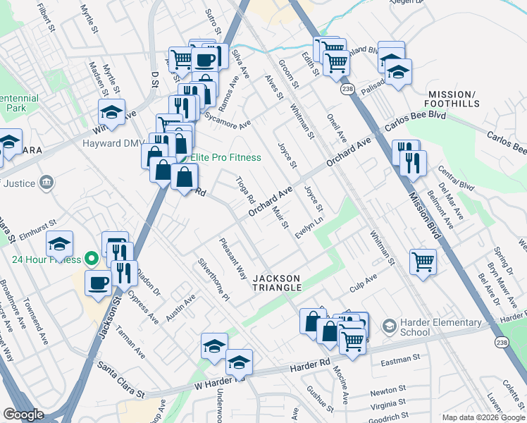 map of restaurants, bars, coffee shops, grocery stores, and more near 24983 Muir Street in Hayward