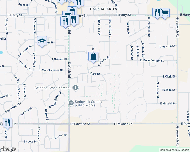 map of restaurants, bars, coffee shops, grocery stores, and more near Unnamed Road in Wichita