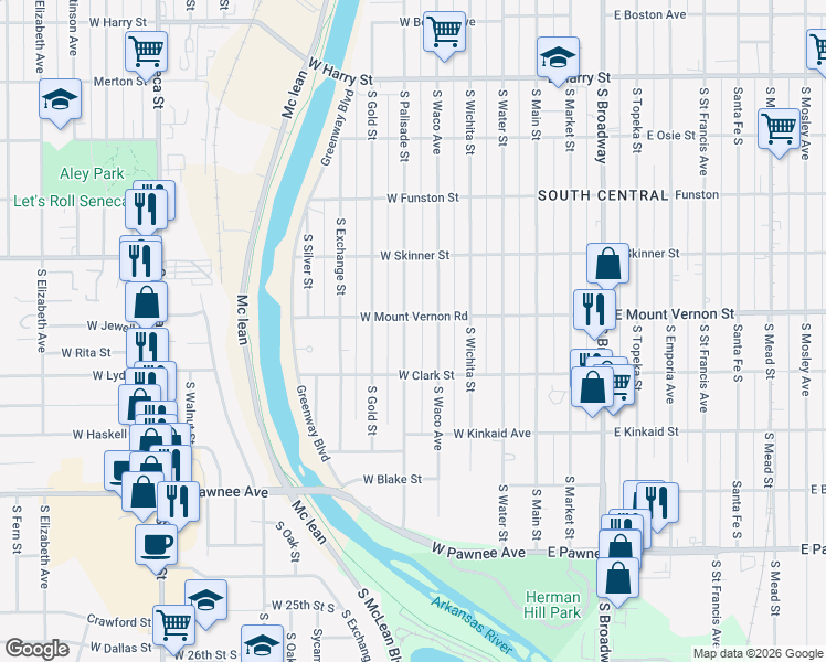 map of restaurants, bars, coffee shops, grocery stores, and more near 2039 South Waco Avenue in Wichita
