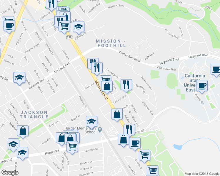 map of restaurants, bars, coffee shops, grocery stores, and more near 25468 Belmont Avenue in Hayward