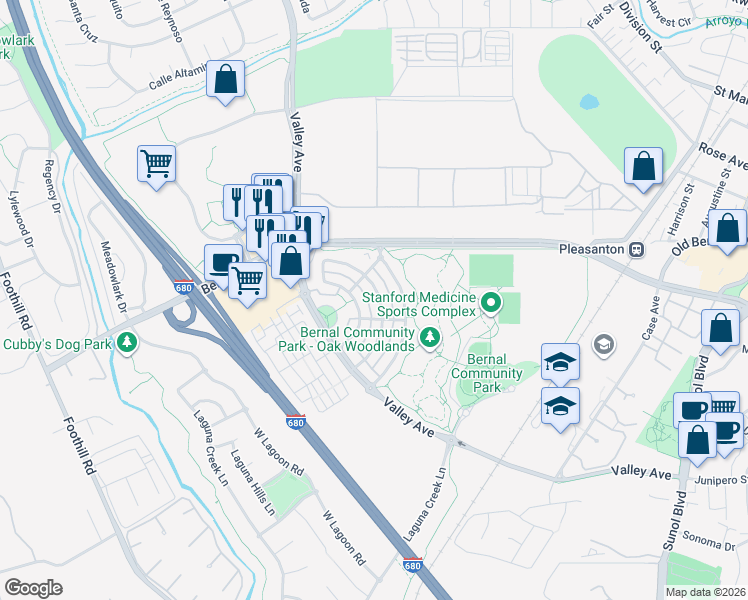 map of restaurants, bars, coffee shops, grocery stores, and more near 1461 Whispering Oaks Way in Pleasanton