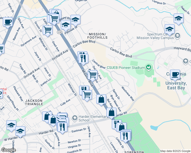 map of restaurants, bars, coffee shops, grocery stores, and more near 25468 Belmont Avenue in Hayward
