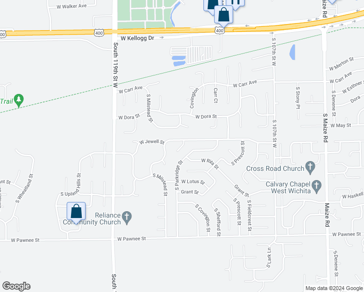 map of restaurants, bars, coffee shops, grocery stores, and more near 11599 West Jewell Court in Wichita