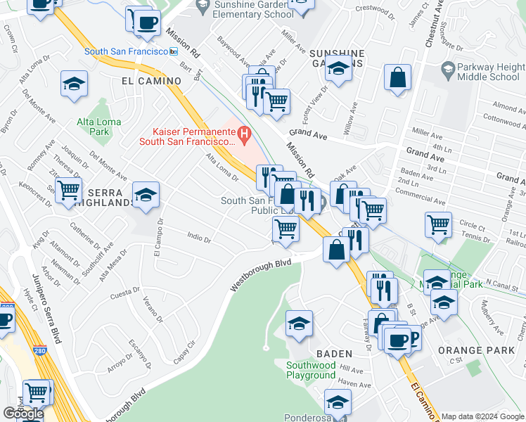 map of restaurants, bars, coffee shops, grocery stores, and more near 1 Hermosa Lane in South San Francisco