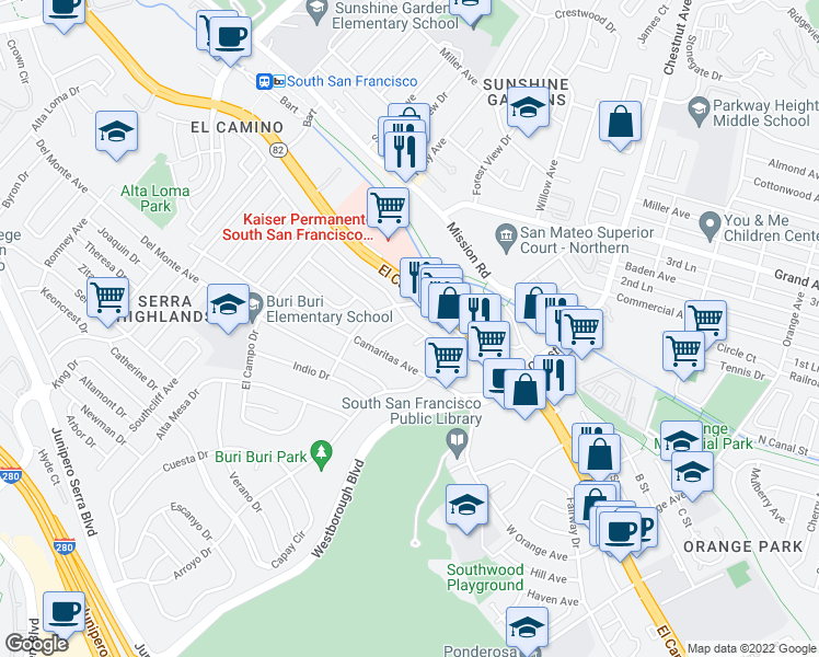 map of restaurants, bars, coffee shops, grocery stores, and more near 1 Hermosa Lane in South San Francisco