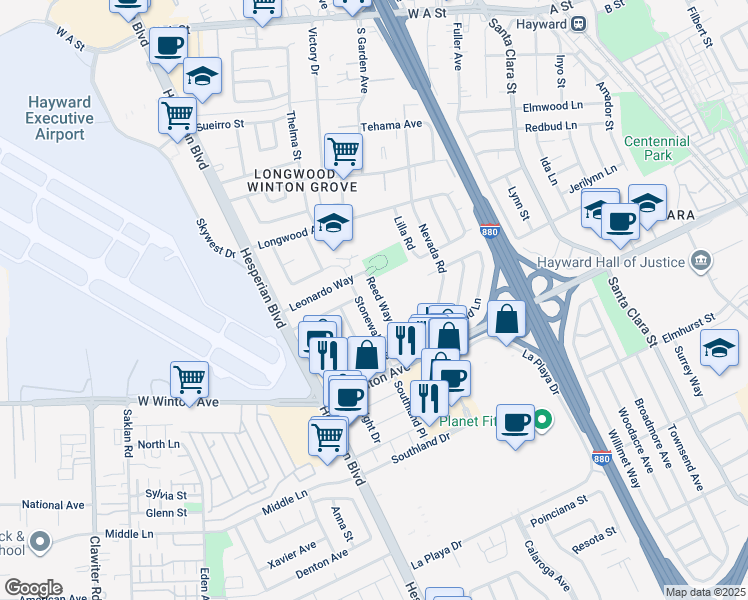 map of restaurants, bars, coffee shops, grocery stores, and more near 23335 Reed Way in Hayward