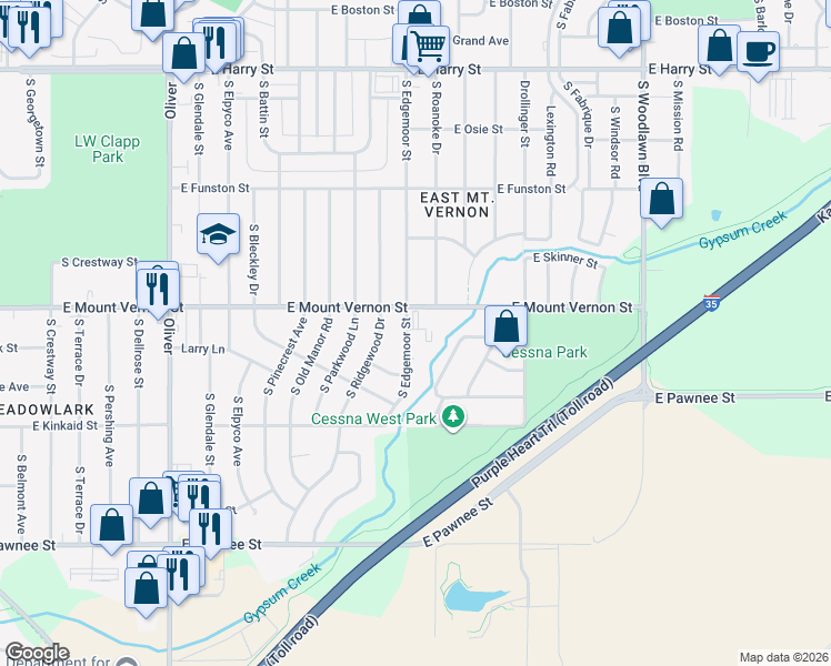 map of restaurants, bars, coffee shops, grocery stores, and more near 2028 South Edgemoor Street in Wichita