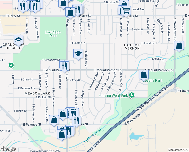 map of restaurants, bars, coffee shops, grocery stores, and more near 2025 South Pinecrest Street in Wichita