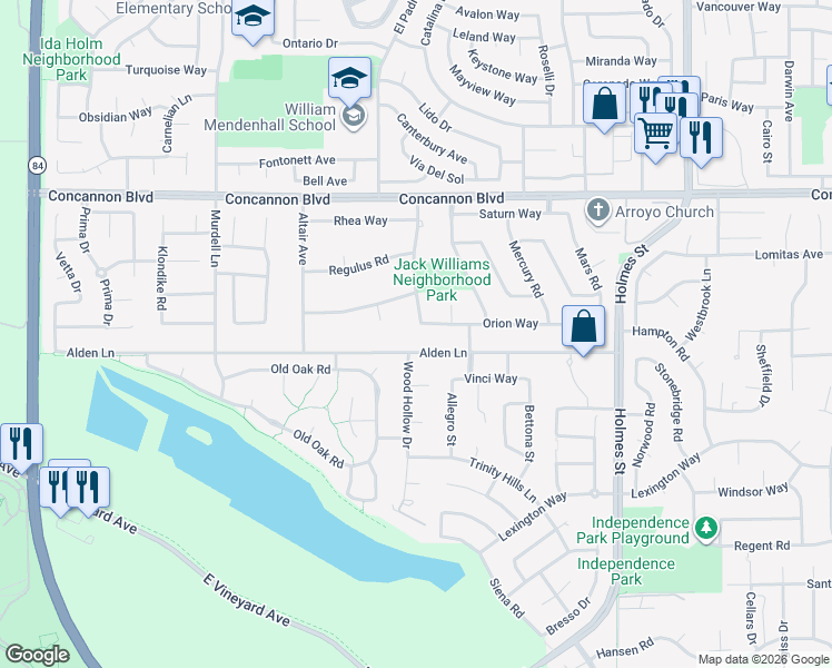 map of restaurants, bars, coffee shops, grocery stores, and more near 601 Orion Way in Livermore