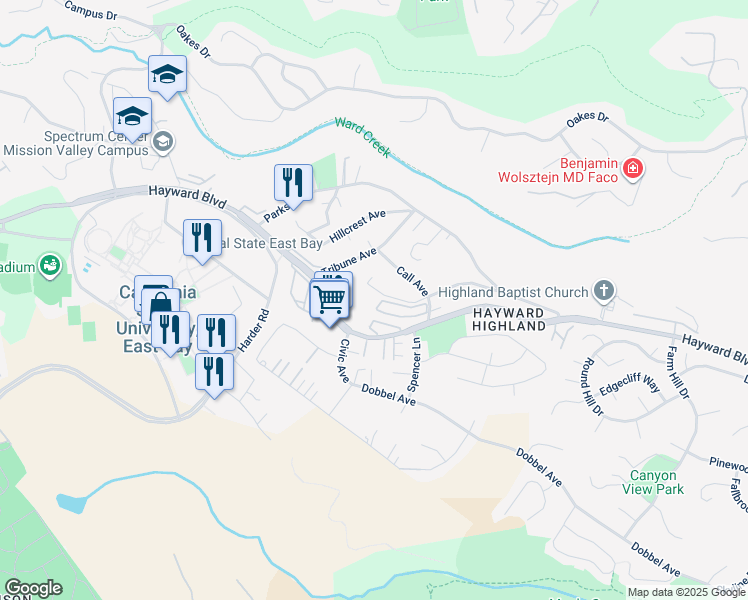 map of restaurants, bars, coffee shops, grocery stores, and more near Chronicle Avenue in Hayward