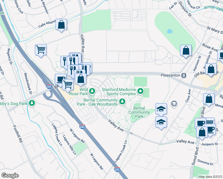 map of restaurants, bars, coffee shops, grocery stores, and more near 1461 Whispering Oaks Way in Pleasanton