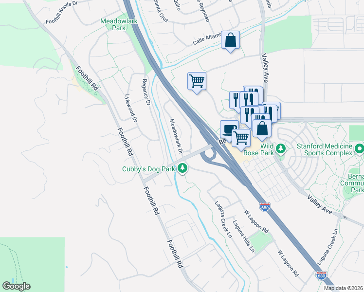 map of restaurants, bars, coffee shops, grocery stores, and more near 2302 Meadowlark Drive in Pleasanton