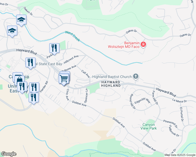 map of restaurants, bars, coffee shops, grocery stores, and more near 27099 Hayward Boulevard in Hayward