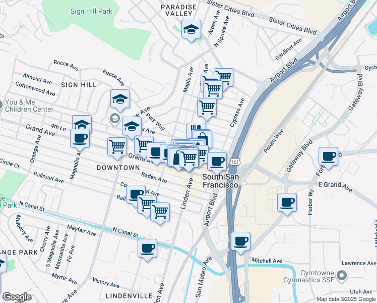map of restaurants, bars, coffee shops, grocery stores, and more near 313 Miller Avenue in South San Francisco