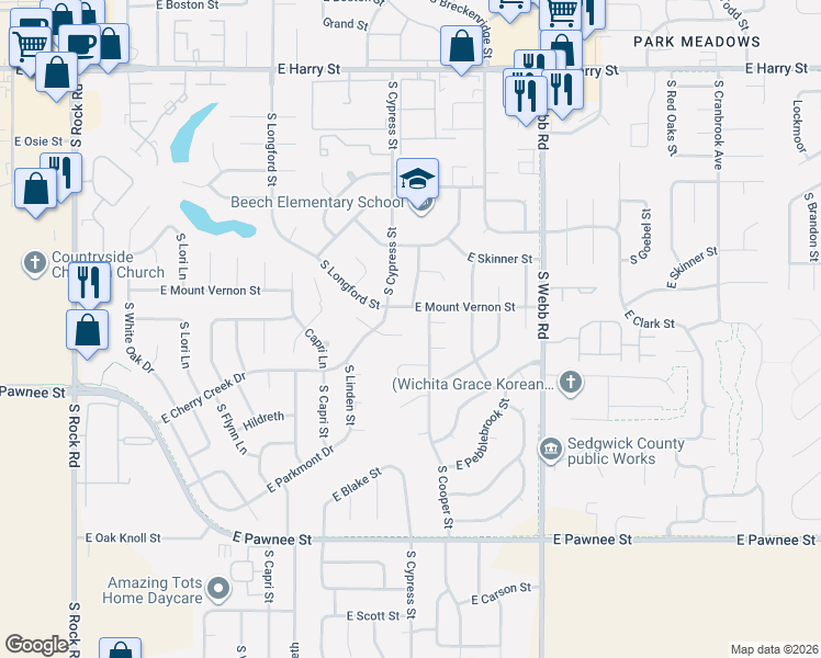 map of restaurants, bars, coffee shops, grocery stores, and more near 2046 South Cypress Court in Wichita