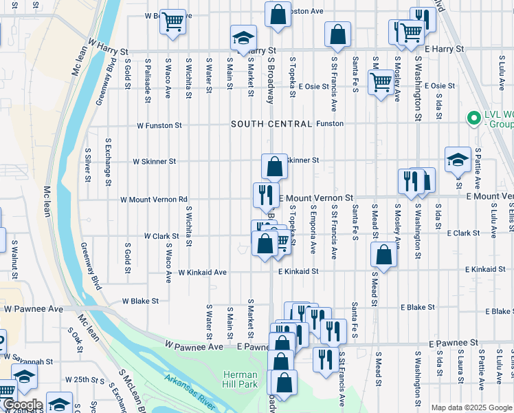 map of restaurants, bars, coffee shops, grocery stores, and more near 2030 South Market Street in Wichita