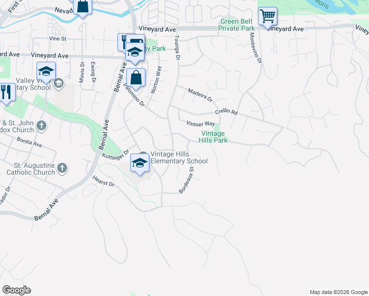 map of restaurants, bars, coffee shops, grocery stores, and more near 1151 Bordeaux Street in Pleasanton