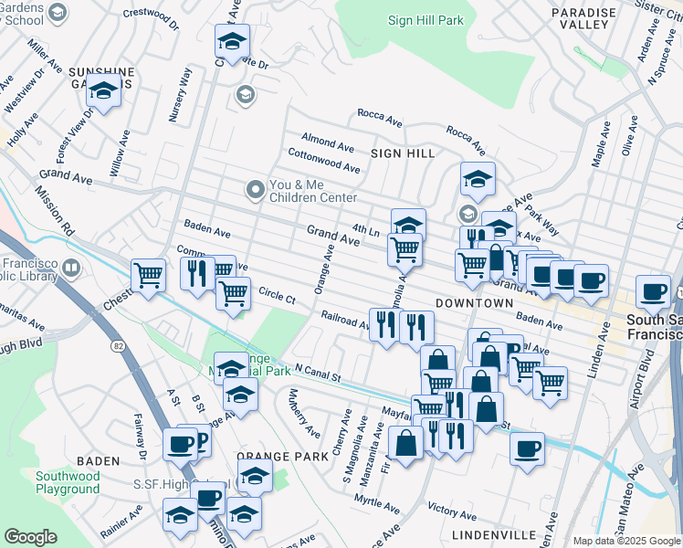 map of restaurants, bars, coffee shops, grocery stores, and more near 661 Baden Avenue in South San Francisco