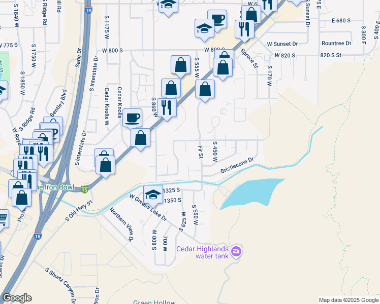 map of restaurants, bars, coffee shops, grocery stores, and more near 1195 Wildflower Lane in Cedar City