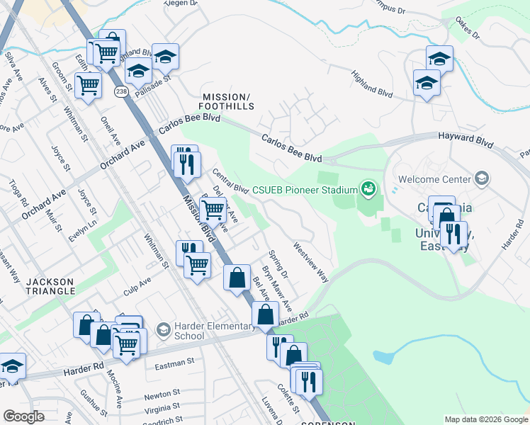 map of restaurants, bars, coffee shops, grocery stores, and more near Central Boulevard in Hayward