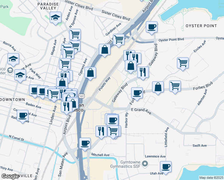 map of restaurants, bars, coffee shops, grocery stores, and more near 500-638 Gateway Blvd in South San Francisco