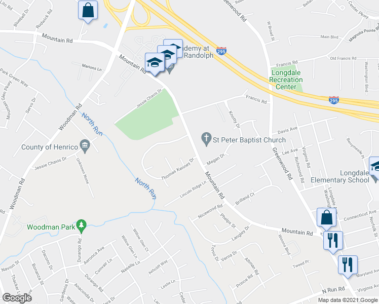 map of restaurants, bars, coffee shops, grocery stores, and more near 2031 Mountain Road in Glen Allen