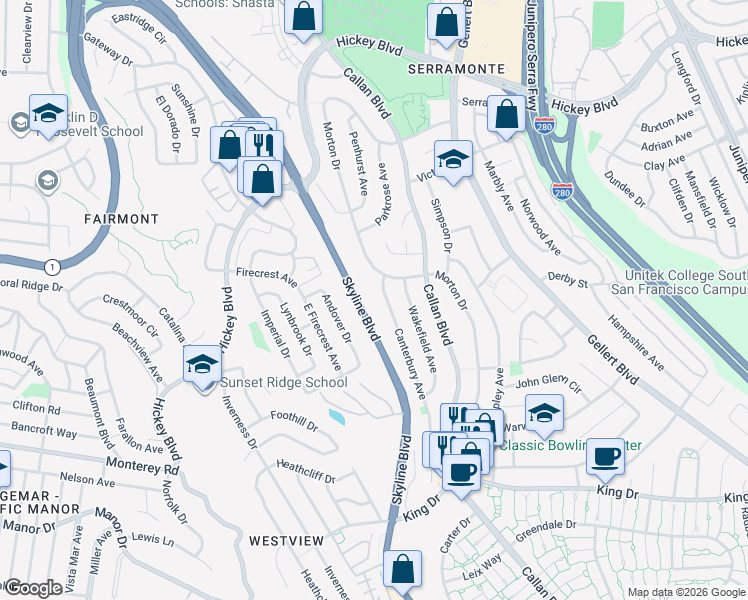 map of restaurants, bars, coffee shops, grocery stores, and more near Canterbury Avenue in Daly City