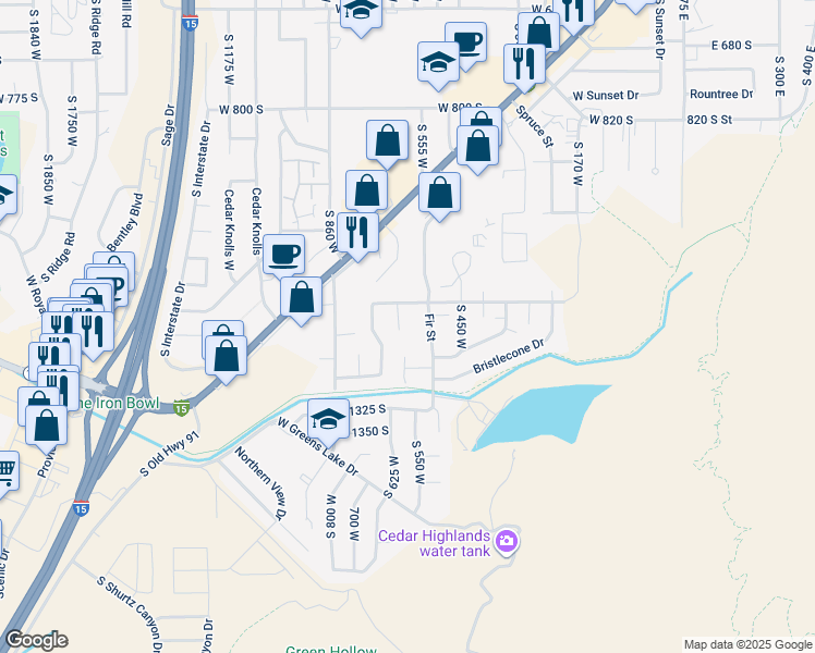 map of restaurants, bars, coffee shops, grocery stores, and more near 1195 Wildflower Lane in Cedar City